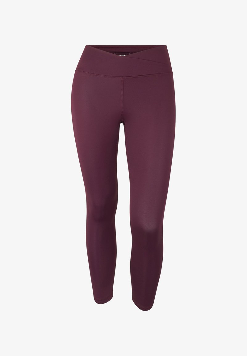 Leggings burdeos con una cintura alta. Fabricados con un material elástico, con una textura suave y un diseño ajustado.