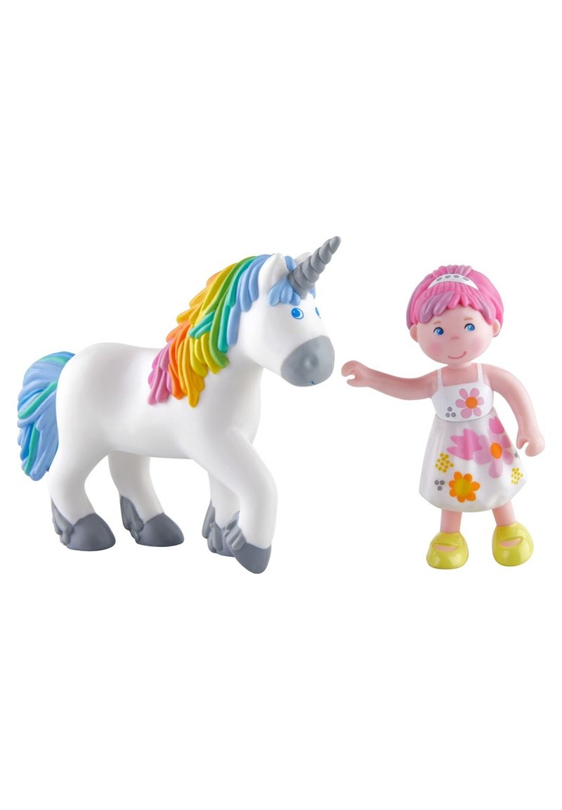 White unicorn with rainbow mane and gray hooves, alongside a pink-haired figure in a floral dress and yellow shoes, both made of plastic.