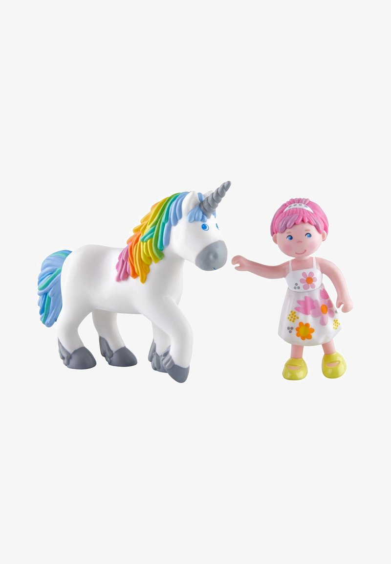 White unicorn with rainbow mane and gray hooves, alongside a pink-haired figure in a floral dress and yellow shoes, both made of plastic.
