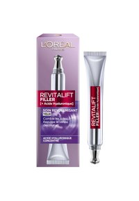 Crème pour les yeux L'Oréal Revitalift Filler dans un tube argenté avec un applicateur métallique arrondi. L'emballage est violet, avec un texte blanc et rouge.