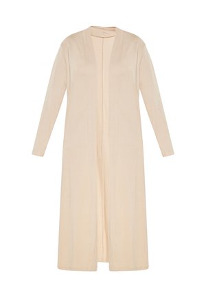 Cardigan lungo beige realizzato in tessuto morbido e leggero. Presenta maniche lunghe, un'apertura frontale e nessun tipo di chiusura, con una texture liscia.