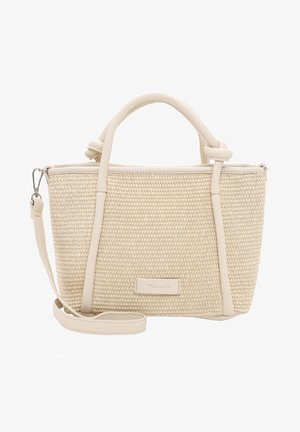 Bolso beige tejido con asas cortas, correa larga desmontable y ribete de cuero, de forma rectangular con cierre de cremallera.