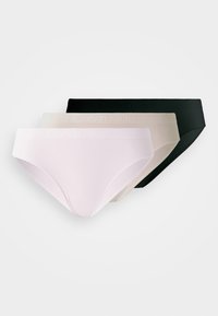 Tri parovi ženskih gaćica u svijetlo ružičastoj, nijansi kože i crnoj boji, s povremeno urezanim logotipom Calvin Klein na struku.