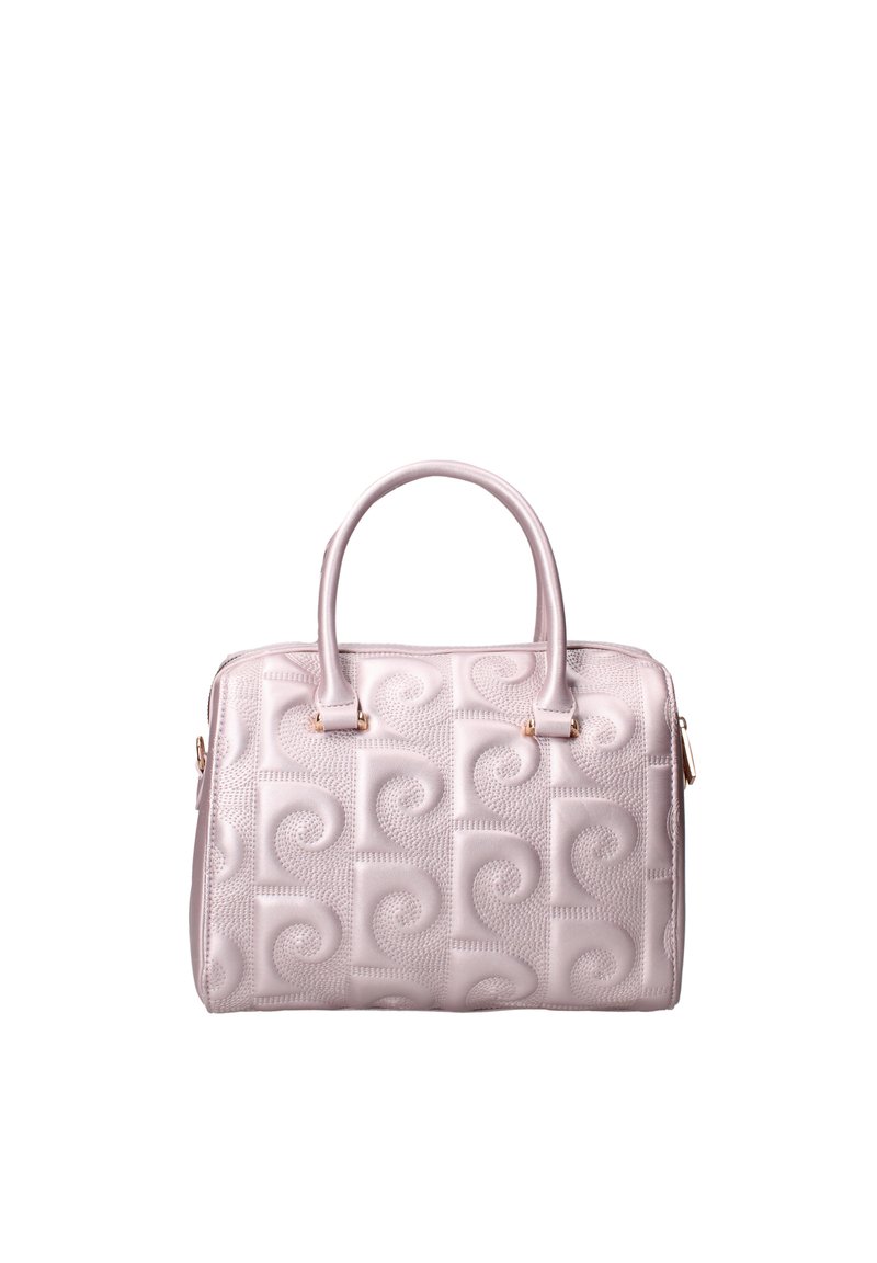 Roze leren handtas met een geborduurde spiraalpatroon, dubbele handvatten en gouden hardware, met een rechthoekige vorm en een soepel textuur.