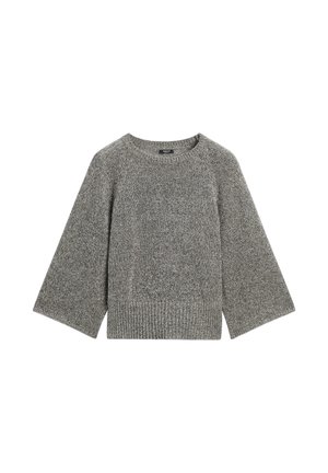 Gray knit sweater with wide long sleeves and ribbed hem and neckline, laid flat on a white background.