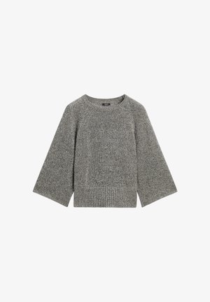 Gray knit sweater with wide long sleeves and ribbed hem and neckline, laid flat on a white background.