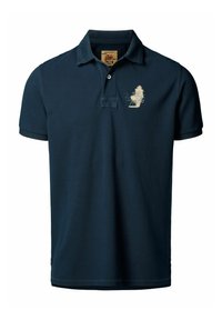 Polo majica tamnoplave boje napravljena od pamuka, s klasičnom ovratnikom, kratkim rukavima i malim vezom na lijevoj strani prsiju.