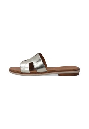Metallic silver sandals with a wide front strap and open toe design. Tan sole with minimal tread detail, featuring a flat profile.