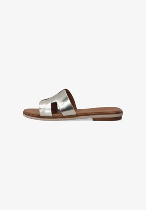 Metallisch zilveren sandalen met een brede voorband en open teenontwerp. Bruine zool met minimale profieldetails, met een platte uitstraling.