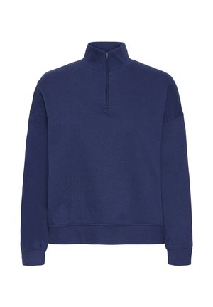 Sudadera pulsera azul marino con cuello de media cremallera, mangas largas, puños de canalé y una textura suave; diseño minimalista sin patrones.