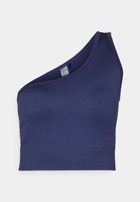 Asimetrična modra rebrasta bralette s enim naramnicami in prilegajočim se pasom na dnu. Mehka tekstura z minimalnimi šivi.