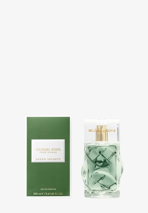 Bottiglia di eau de parfum Michael Kors Pour Homme Green Infinity e scatola verde, 100 ml, con scritta dorata e tappo trasparente.