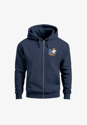Navy Zip-Hoodie aus Baumwollmischung mit einer vorderen Kängurutasche und einem grafischen Motiv von einem Bären, Bäumen und der Sonne in Beige und Orange.