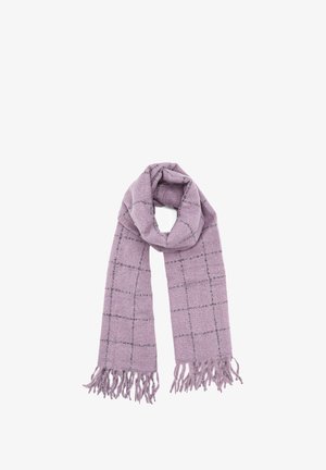 Sciarpa viola realizzata in tessuto morbido, con un motivo a griglia caratterizzato da linee grigie e estremità frangiate.