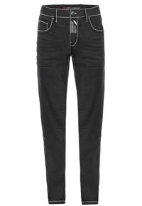 Zwarte spijkerbroeken van denim met witte stiksels, een slim fit, vijf-pocket ontwerp en een sluiting met knoop aan de voorkant. Heeft een label op de tailleband.