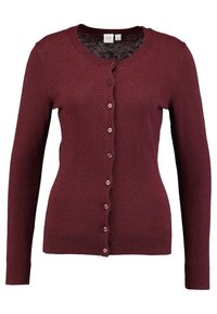 Cardigan bordeaux en tissu tricoté doux, dot é d'un col rond, de manches longues et d'une fermeture à boutons assortis sur le devant.