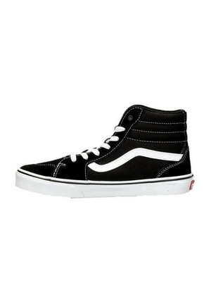 Zapatillas altas en ante negro con acentos en blanco. Presentan una franja lateral blanca, cuello acolchado y suela de goma blanca. Diseño clásico.