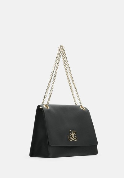 Black leather handbag with a fold-over flap, gold-tone chain strap, and an embossed logo on the front. Smooth texture with clean lines.