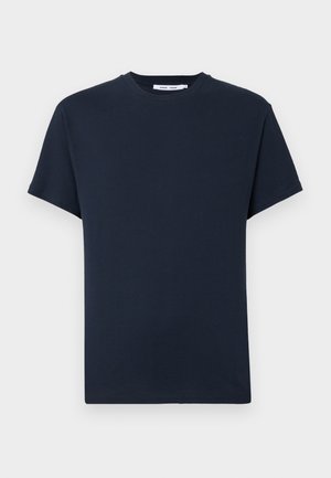 Dark navy blue short-sleeve t-shirt made from cotton, featuring a round neckline and a relaxed fit. Simple, solid color without patterns.