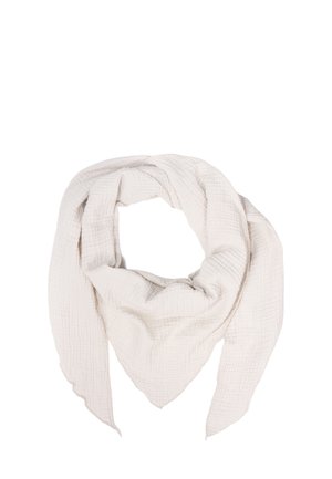 Light beige soft cotton scarf with a crinkled texture, styled in a loose triangular wrap with pointed ends.