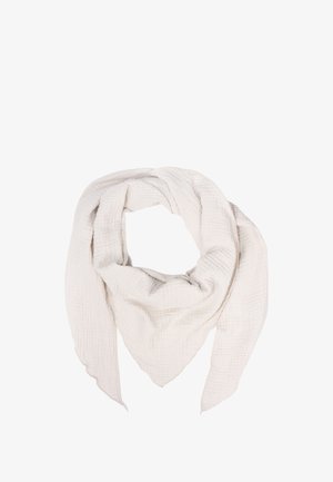 Light beige soft cotton scarf with a crinkled texture, styled in a loose triangular wrap with pointed ends.
