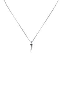 Collana d'argento con una catena fine che presenta un pendente a forma di corno, dettagliato con un accento nero nella parte superiore, superficie liscia.