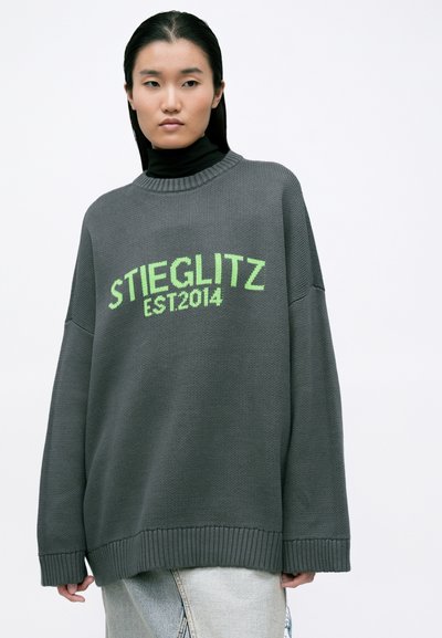 Szary, przerośnięty sweter z prążkowanymi mankietami i dekoltem, z odważnym zielonym napisem "STIEGLITZ EST.2014" z przodu. Teksturowany materiał, casualowy krój.