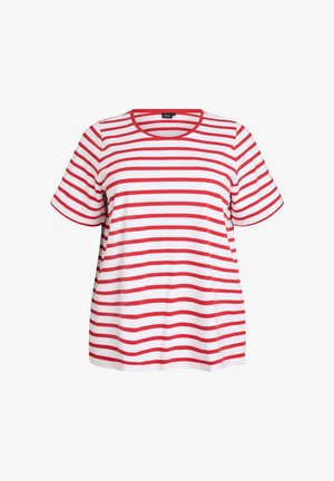 Wit T-shirt met korte mouwen, horizontale rode strepen en een ronde hals, weergegeven op een effen witte achtergrond.