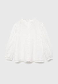 Weißes Langarmshirt aus leichtem Stoff, mit Knopfverschluss am Rücken und elastischen Bündchen, sowie einem gerafften Ausschnitt.