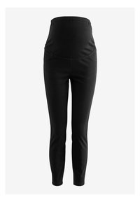 Zwarte zwangerschapsleggings met een elastische tailleband, taps toelopende pijpen en zijzakken. Gemaakt van een zachte, flexibele stof voor comfort.