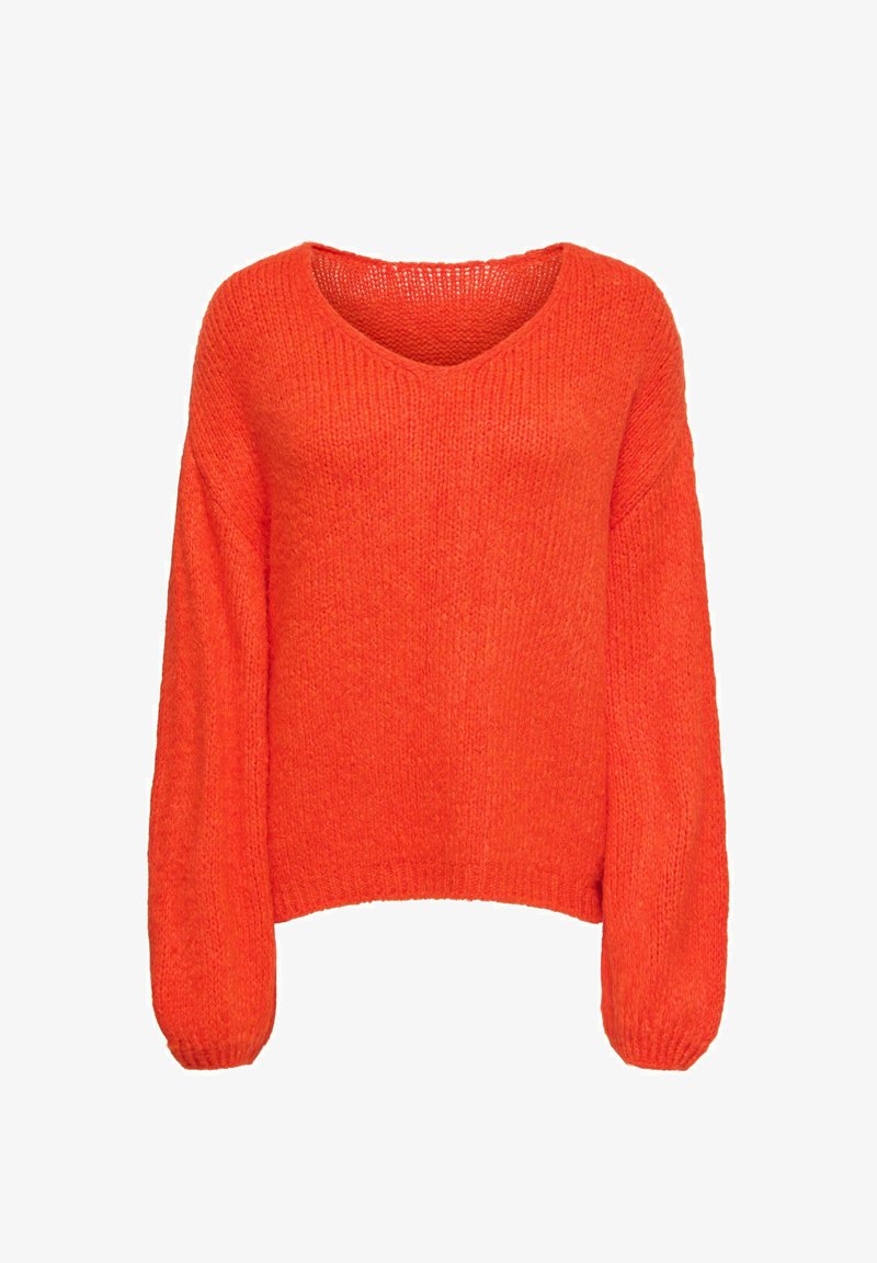 Oranje V-hals trui met lange, licht opgepofte mouwen. Gemaakt van grof gebreid materiaal, met een ontspannen pasvorm en geribbelde manchetten.