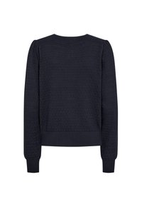 Marineblauwe pullover trui met een gestructureerd zigzagpatroon, ronde halslijn, lange mouwen en geribde manchetten en zoom.