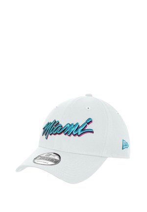 White cap with embroidered "Miami" in teal and pink. Features a curved visor and adjustable strap, made from soft cotton fabric.