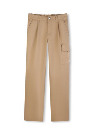 Pantalon cargo beige à jambes droites avec poche à rabat latérale, poches latérales avant, passants pour ceinture et fermeture par bouton à la taille.