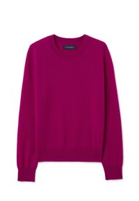 Fuchsia Pullover aus weichem Strickmaterial, mit Rundhalsausschnitt, langen Ärmeln und gerippten Bündchen und Saum. Mit dem Etikett "PIOMBO".