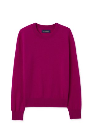 Fuchsia sweater made of soft knit fabric, featuring a round neckline, long sleeves, and ribbed cuffs and hem. Labeled "PIOMBO."