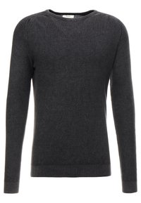 Dunkelgrauer, gerippter Strickpullover mit langen Ärmeln, rundem Ausschnitt sowie eng anliegenden Bündchen und Saum. Leichtes, glattes Material mit gleichmäßigem Muster.