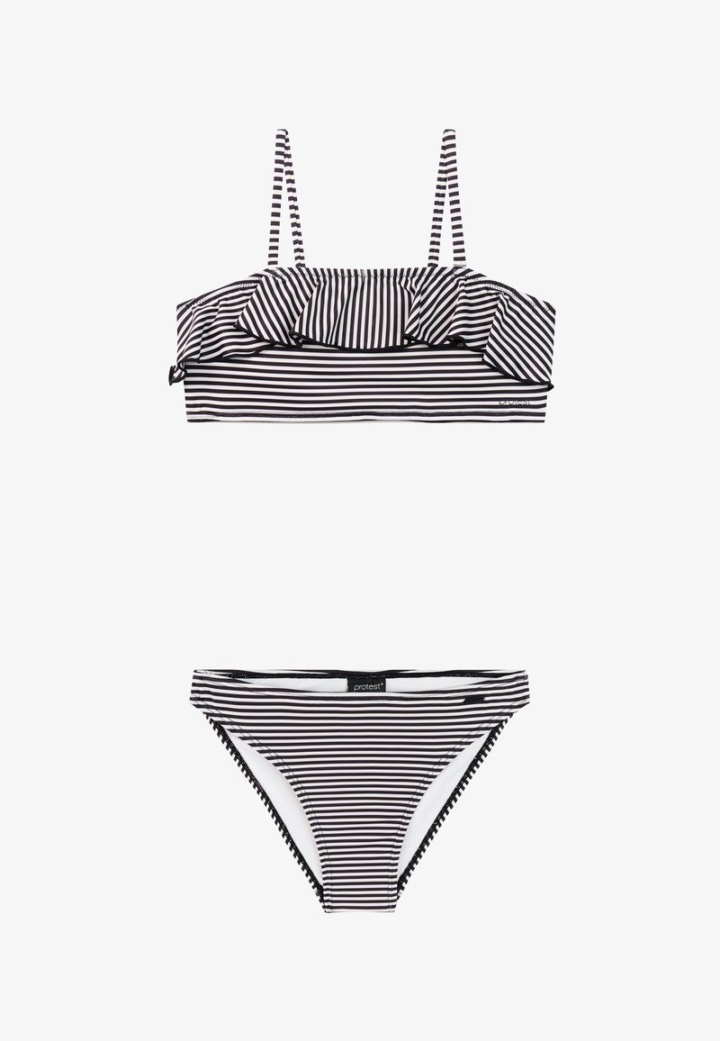 Conjunto de bikini de dos piezas a rayas blancas y negras con top bandeau con volantes y braga a la cadera a juego.