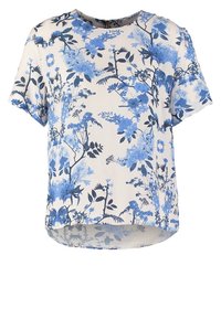 Blusa de manga corta en crema con un estampado floral azul. Presenta un corte holgado y un dobladillo redondeado, hecha de un tejido ligero y texturizado.