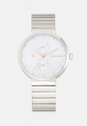Silver stainless steel watch with a white face, rose gold accents, three sub-dials, and a sleek, slim link bracelet design.