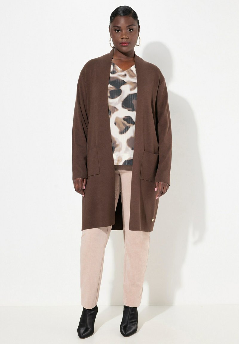 Ulla Popken LONG OPEN FRONT SWEATER - Cardigan - dark chocolate