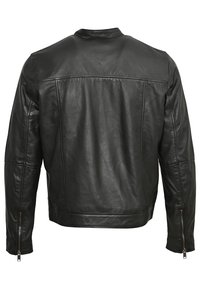 Schwarze Lederjacke mit glatter Textur, mit Reißverschluss versehenen Bündchen und minimalistischer Gestaltung, ausgestattet mit einem klassischen Kragen und Paneleinstellungen.