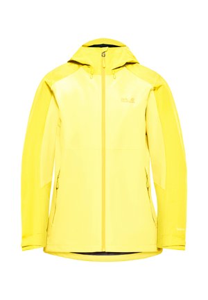 Felgele waterdichte jas met een ritssluiting aan de voorkant, capuchon en zijzakken. Gemaakt van glad, lichtgewicht materiaal met een ademende mesh voering.