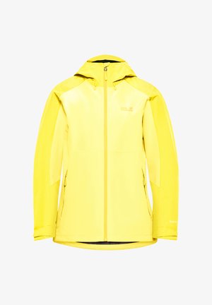 Felgele waterdichte jas met een ritssluiting aan de voorkant, capuchon en zijzakken. Gemaakt van glad, lichtgewicht materiaal met een ademende mesh voering.