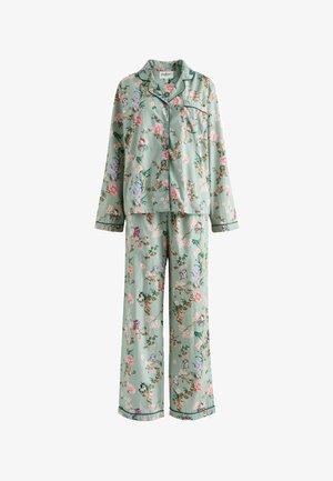Svetlozelená dvojdielna súprava pyžama s ružovým kvetinovým a malým zvieracím vzorom, s dlhými rukávmi, vrchným dielom na zapínanie na gombíky a nohavicami s širokými nohavicami.