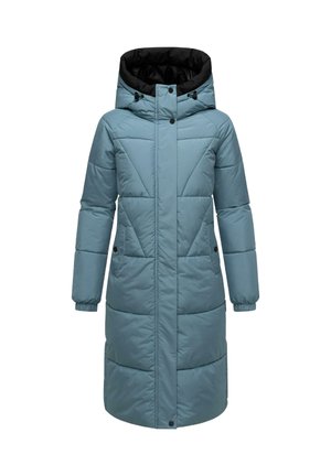 Lyseblå, kne-lengde puffjakke med svart hette, med glidelås, sidelommer og geometriske quiltede mønstre.