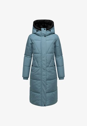 Lyseblå, kne-lengde puffjakke med svart hette, med glidelås, sidelommer og geometriske quiltede mønstre.