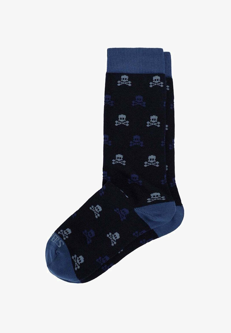 Chaussettes noires avec un motif répétitif de crâne et tibias croisés en bleu clair et bleu foncé. Finition avec un bord-côte bleu.