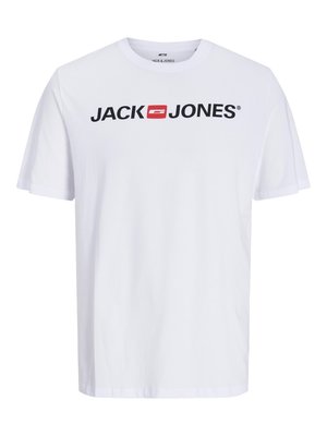 Bílý bavlněný tričko s krátkými rukávy, které má na přední straně velké černé logo "JACK & JONES" a kulatý výstřih.