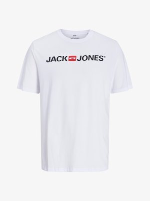 T-shirt en coton blanc à manches courtes, avec un grand logo noir "JACK & JONES" sur la poitrine et un col rond.